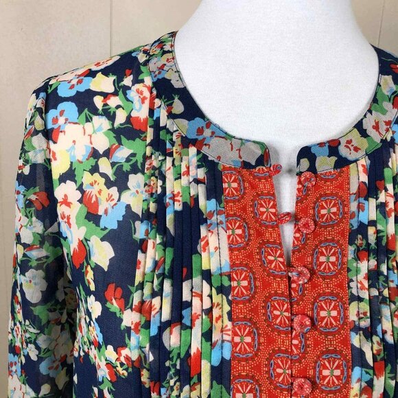 Daniel Rainn  Blue Floral Peasant Boho Blouse Shirt Size M Medium Semi Sheer Top - Picture 3 of 8